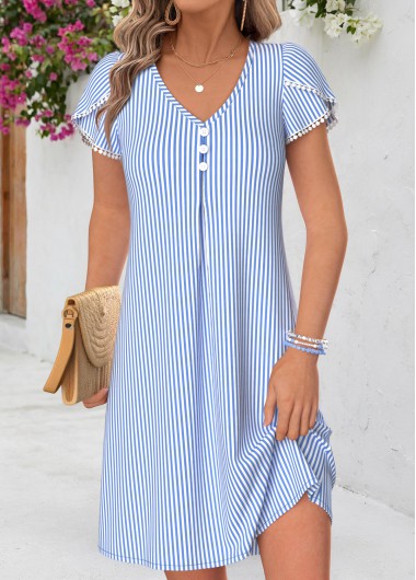 women clothes image of Light Blue Striped Short Tummy Coverage V Neck Dress