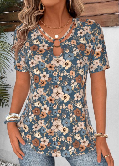 women clothes image of Peacock Blue Floral Print Curved Hem T Shirt