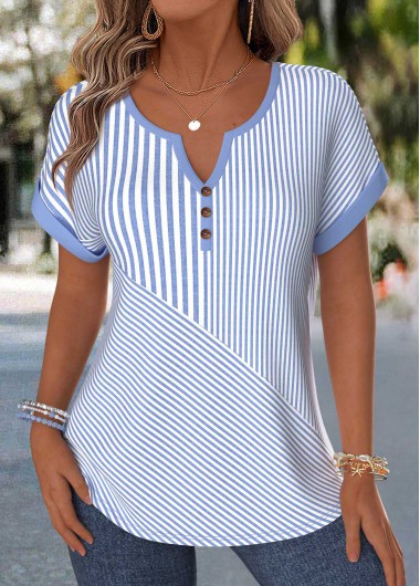 women clothes image of Blue Geometric Print Tummy Coverage Short Sleeve Blouse