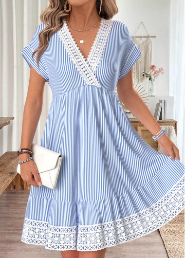 women clothes image of Light Blue Striped Surplice Short Sleeve V Neck Dress