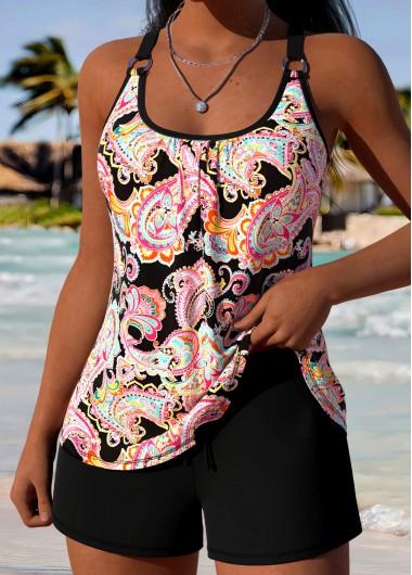 women clothes image of Grey Mid Waisted Pocket Tribal Print Tankini Set
