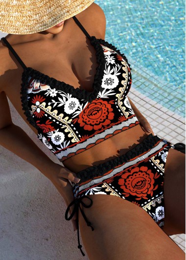 women clothes image of Multi Color Mid Waisted Frill Floral Print Bikini Set