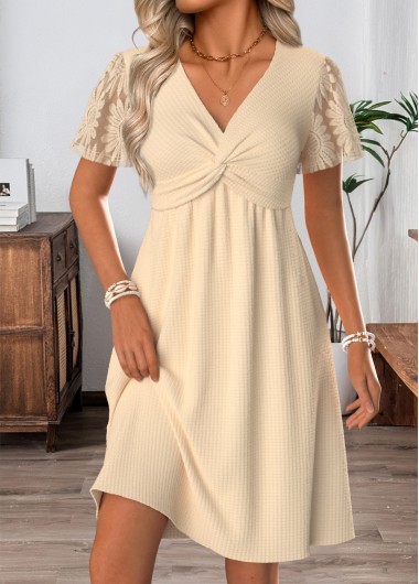 women clothes image of Beige Short Tummy Coverage V Neck Dress