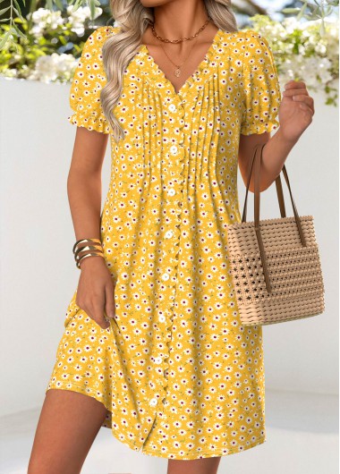 women clothes image of Yellow Ditsy Floral Print Short Tuck Stitch Dress