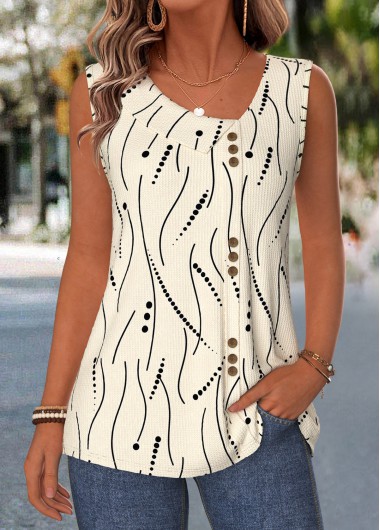women clothes image of Beige Geometric Print Patchwork Sleeveless Asymmetrical Neck Tank Top