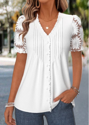 women clothes image of White Frill Short Sleeve V Neck T Shirt
