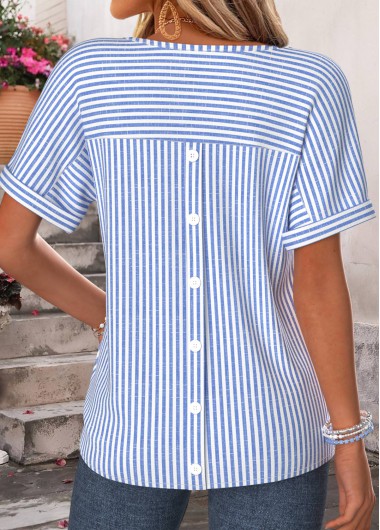 women clothes image of Blue Striped Curved Hem Short Sleeve T Shirt