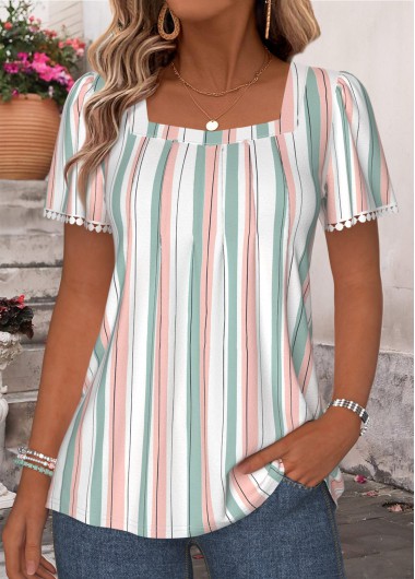 women clothes image of Multi Color Striped Pleated Short Sleeve T Shirt