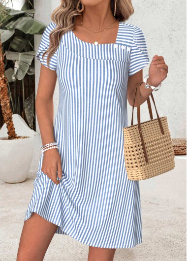 women clothes image of Blue Striped Short Tummy Coverage Asymmetrical Neck Dress