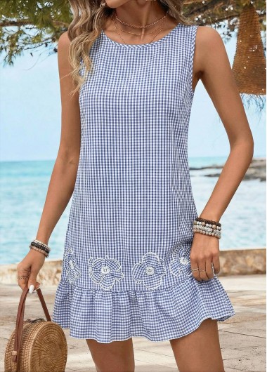 women clothes image of Light Blue Tummy Coverage Plaid Short Sleeveless Round Neck Dress