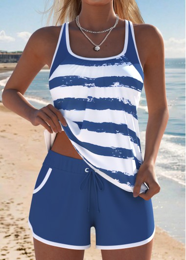 women clothes image of Dusty Blue Mid Waisted Ruched/shirred Striped Tankini Set