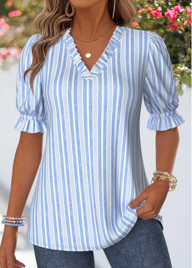 women clothes image of Blue Striped Ruffle Short Sleeve V Neck Blouse