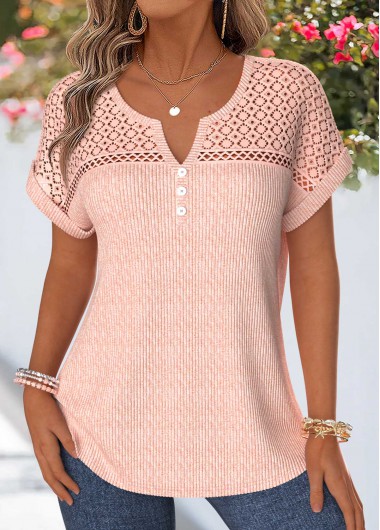 women clothes image of Light Pink Patchwork Short Sleeve Split Neck Blouse