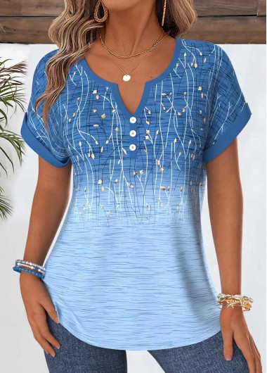 women clothes image of Blue Ombre Tummy Coverage Short Sleeve Split Neck Blouse