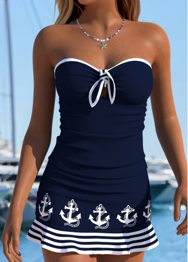 women clothes image of Navy Mid Waisted Two-piece Striped Tankini Set