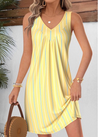 women clothes image of Yellow Striped Short Shirred Sleeveless V Neck Dress