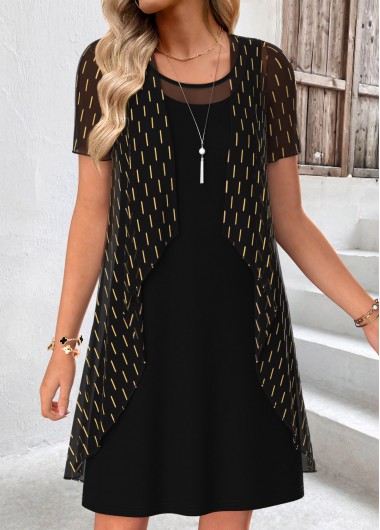 women clothes image of Black Geometric Print Short Two-piece Dress and Cardigan