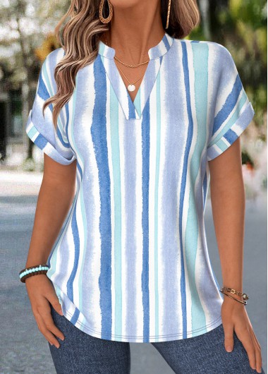 women clothes image of Light Blue Geometric Print Tummy Coverage Short Sleeve Blouse