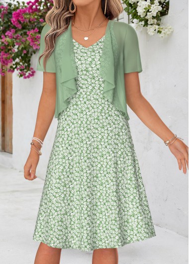 women clothes image of Sage Green Floral Print Two-piece Dress and Cardigan