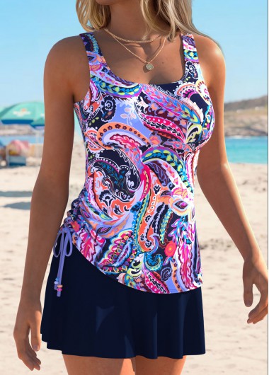 women clothes image of Multi Color Mid Waisted Drawstring Paisley Print Tankini Set