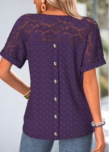 women clothes image of Purple Button Short Sleeve V Neck T Shirt