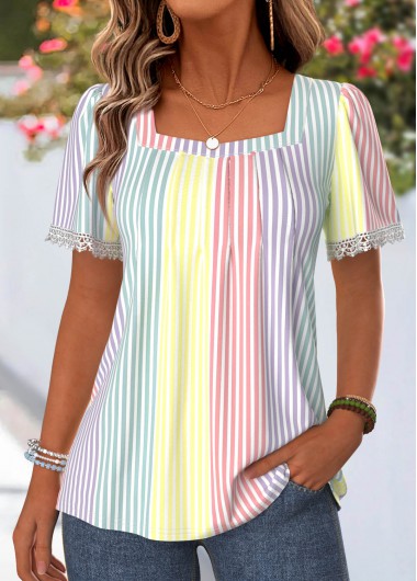 women clothes image of Multi Color Striped Pleated Short Sleeve T Shirt