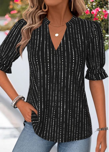 women clothes image of Black Striped Shirred Half Sleeve Split Neck Blouse