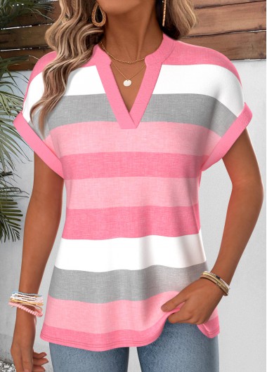 women clothes image of Pink Striped Short Sleeve Split Neck Blouse