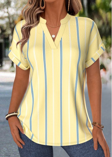 women clothes image of Yellow Striped Tummy Coverage Short Sleeve V Neck Blouse