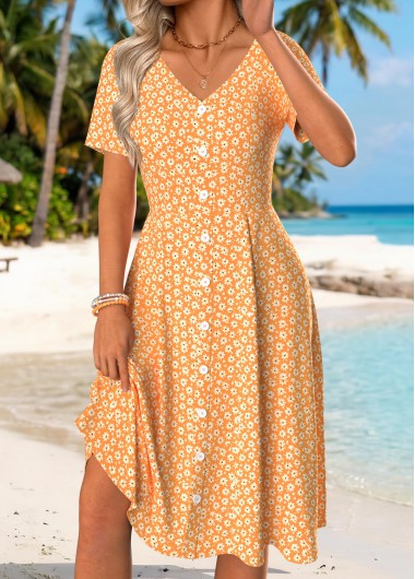 women clothes image of Orange Ditsy Floral Print Tummy Coverage Short Sleeve Dress