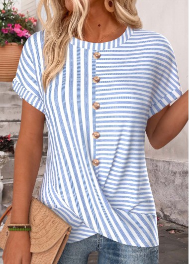 women clothes image of Blue Striped Criss Cross Short Sleeve T Shirt