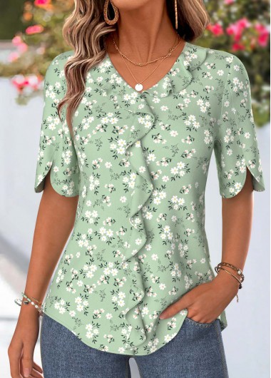 women clothes image of Sage Green Ditsy Floral Print Curved Hem Blouse