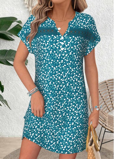 women clothes image of Turquoise Ditsy Floral Print Short Patchwork Split Neck Dress