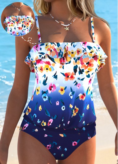 women clothes image of Navy Mid Waisted Ruffle Floral Print Tankini Set