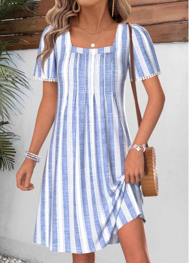women clothes image of Light Blue Striped Short Tummy Coverage Square Neck Dress