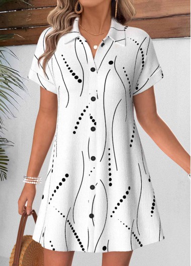 women clothes image of White Geometric Print Short Tummy Coverage Shirt Collar Dress