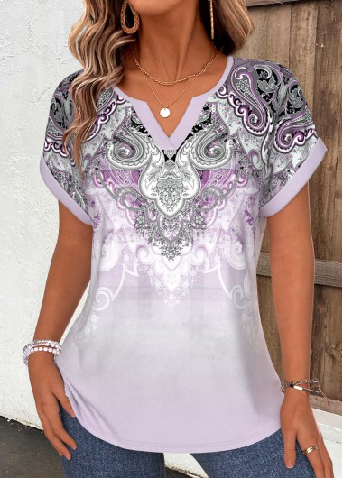 women clothes image of Purple Tribal Print Tummy Coverage Short Sleeve T Shirt