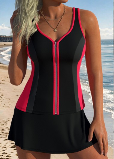 women clothes image of Black Mid Waisted Patchwork Tankini Set