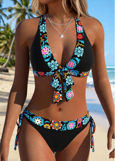 women clothes image of Black Mid Waisted Patchwork Tribal Print Bikini Set