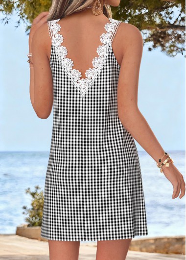women clothes image of Black Plaid Short Patchwork Sleeveless V Neck Dress