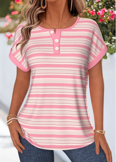 women clothes image of Pink Striped Button Short Sleeve Boat Neck T Shirt