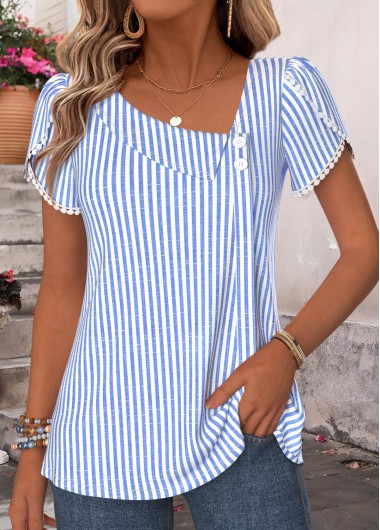 women clothes image of Blue Striped Shirred Short Sleeve Blouse