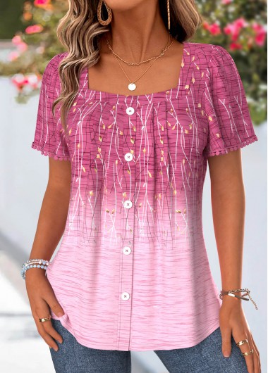 women clothes image of Pink Ombre Tummy Coverage Short Sleeve Square Neck Blouse