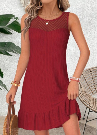 women clothes image of Wine Red Short Patchwork Sleeveless Round Neck Dress