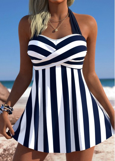 women clothes image of Navy Mid Waisted Striped Tankini Set