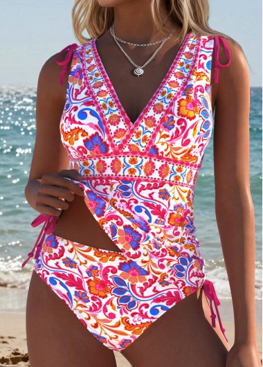 women clothes image of Hot Pink Mid Waisted Bowknot Bohemian Print Tankini Set