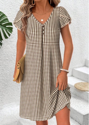 women clothes image of Light Coffee Plaid Short Tummy Coverage V Neck Dress