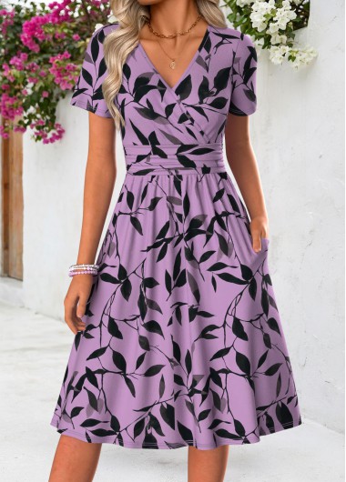 women clothes image of Dark Purple Leaf Print Short Double Side Pockets Dress