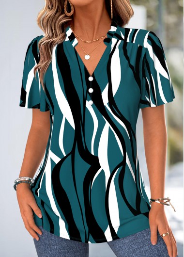 women clothes image of Blackish Green Geometric Print Frill Short Sleeve Blouse