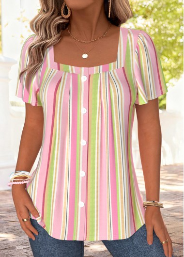 women clothes image of Pink Striped Pleated Short Sleeve Square Neck Blouse